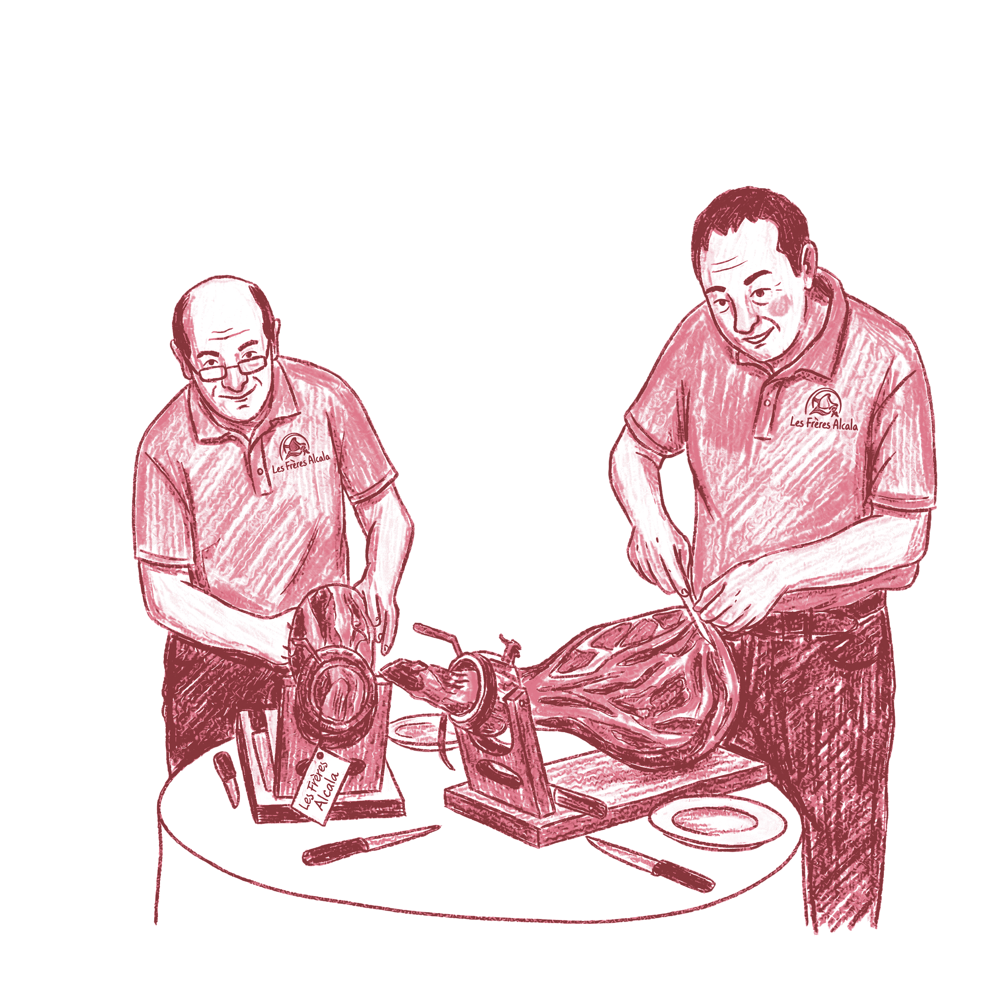 Illustration de Tomas et Eleuterio Alcala découpant un jambon artisanal