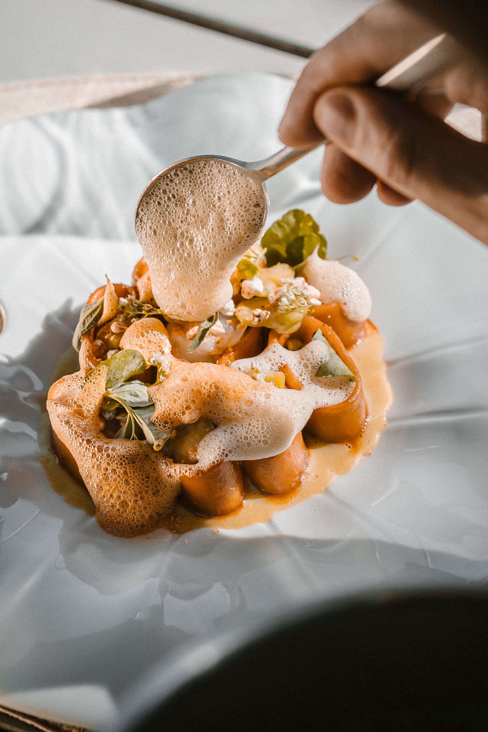 Calamarata à la langoustine, crème de fèves et ail rose