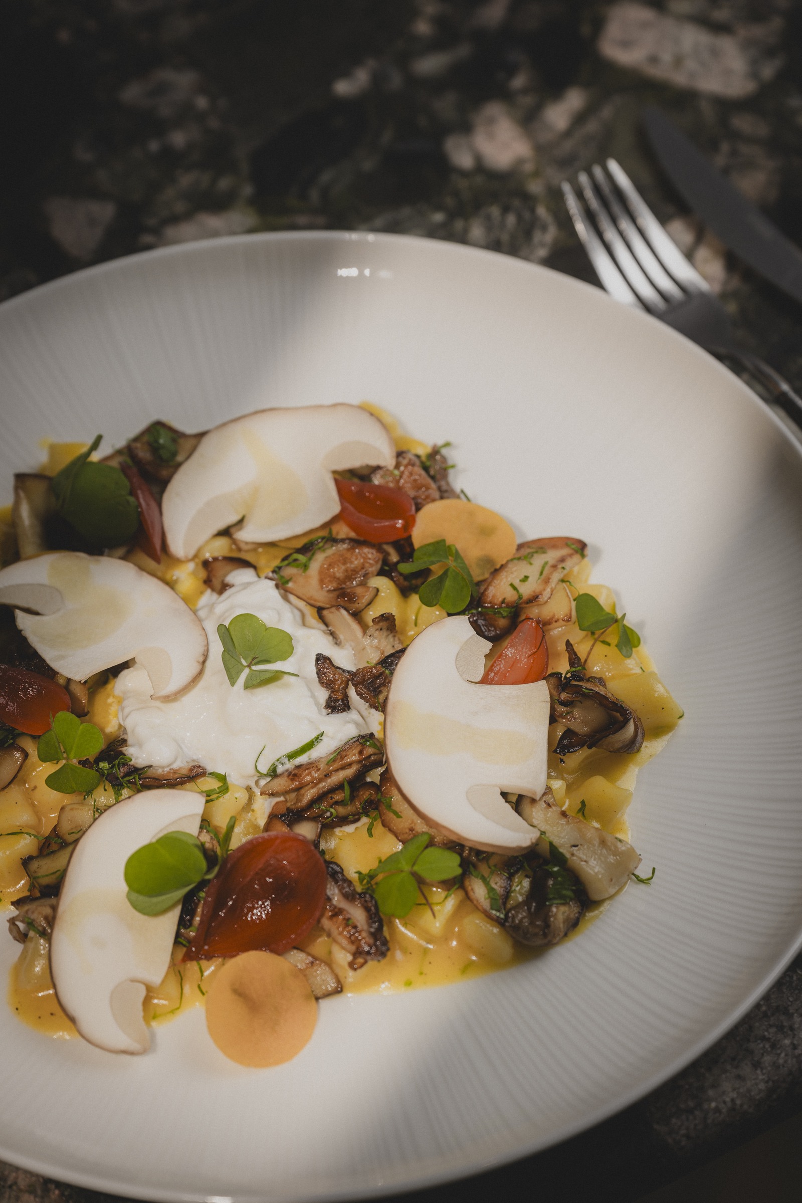 Gnocchis aux cèpes, châtaigne et stracciatella