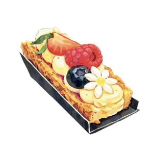 Illustration d’une bûche pâtissière décorée de fruits et de fleurs.
